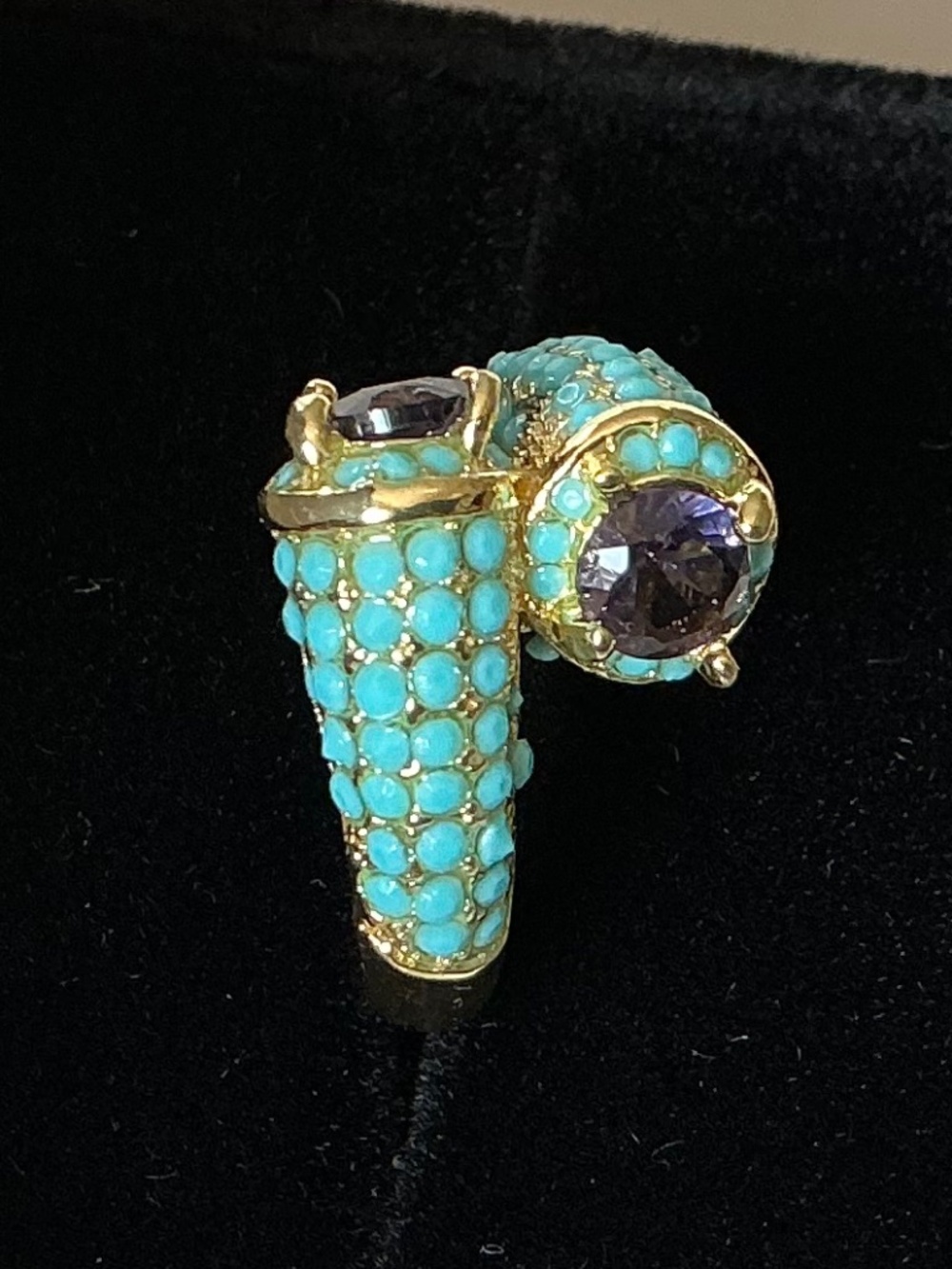 Sterling Silver Bypass Ring Gold Tone Amethyst Turquoise Pavé Style 925 - Picture 12 of 16
